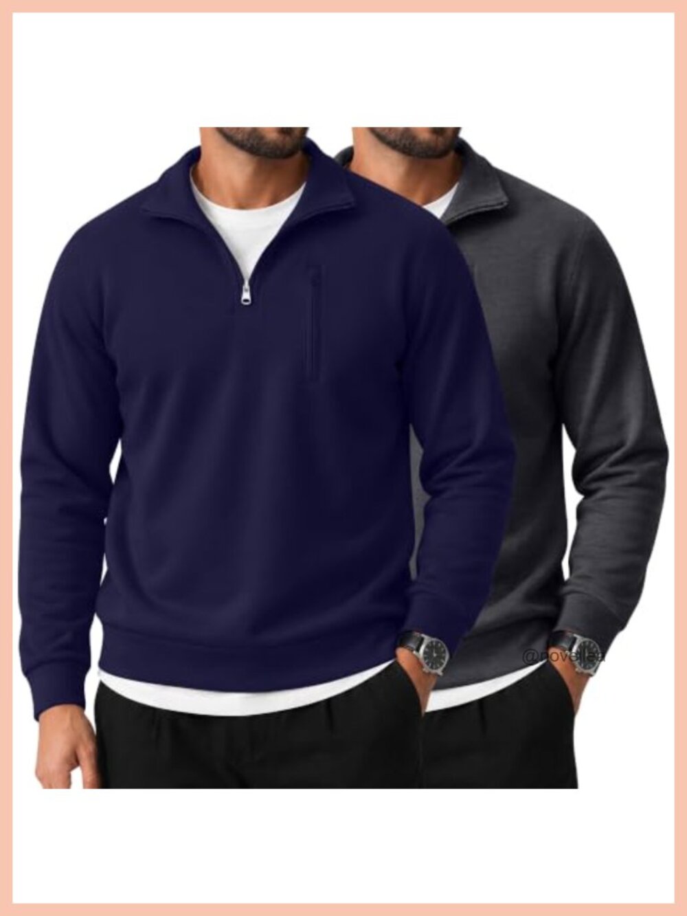 Men's Quarter Zip Cotton Sweatshirt Pullover Mock Neck Zip Pocket 2 Pack